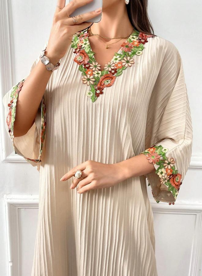 Take Two Women Textured Flower Patch Detail V Neck Jalabiya - Image 5
